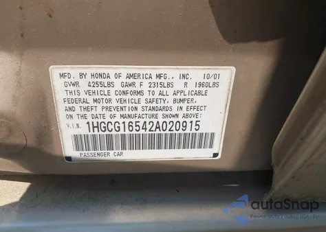 2002 Honda Accord 3.0 Ex from USA, damaged, VIN 1HGCG16542A020915